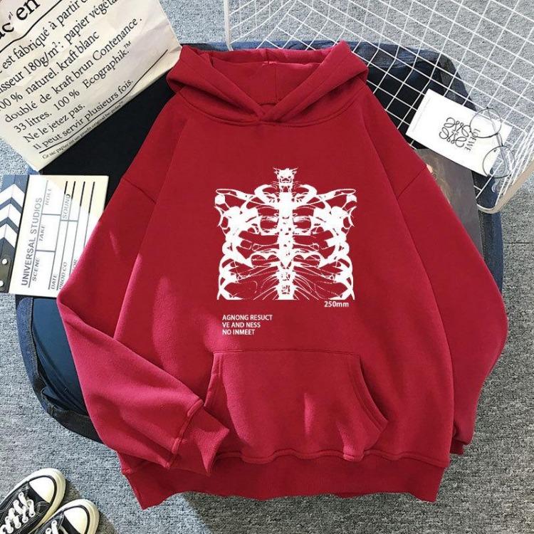 Gothic Grunge Skeleton Print Women Oversized Hoodie Streetwear Long Sleeve Pocket Tops Black Casual Pullover
