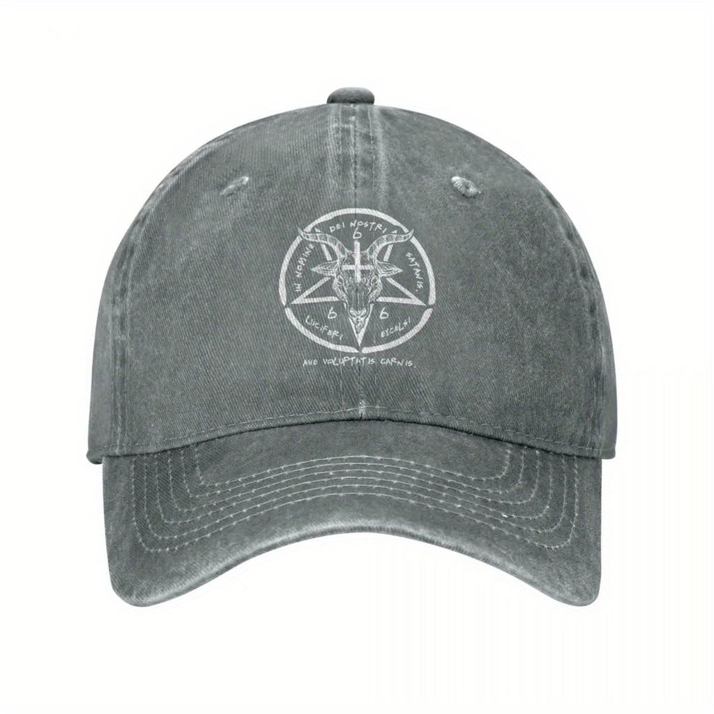 Baphomet Sigil Occult Baseball Cap Distressed Denim Adjustable Casual Hat Unisex Streetwear Headwear