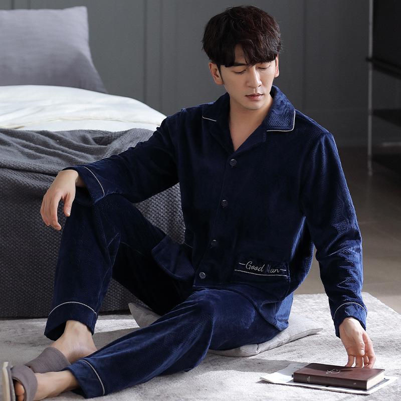 Pajamas Men'S Autumn And Winter Fleece Thickened Warm Coral Fleece Island Fleece Homewear Suit Men'S