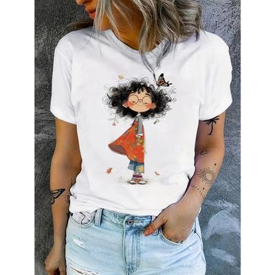 Cute Clothing Women's T-Shirt Fashionable O-Neck Polyester Fabric Casual Top Women's Pattern Girl Short Sleeved Printed T-Shirt