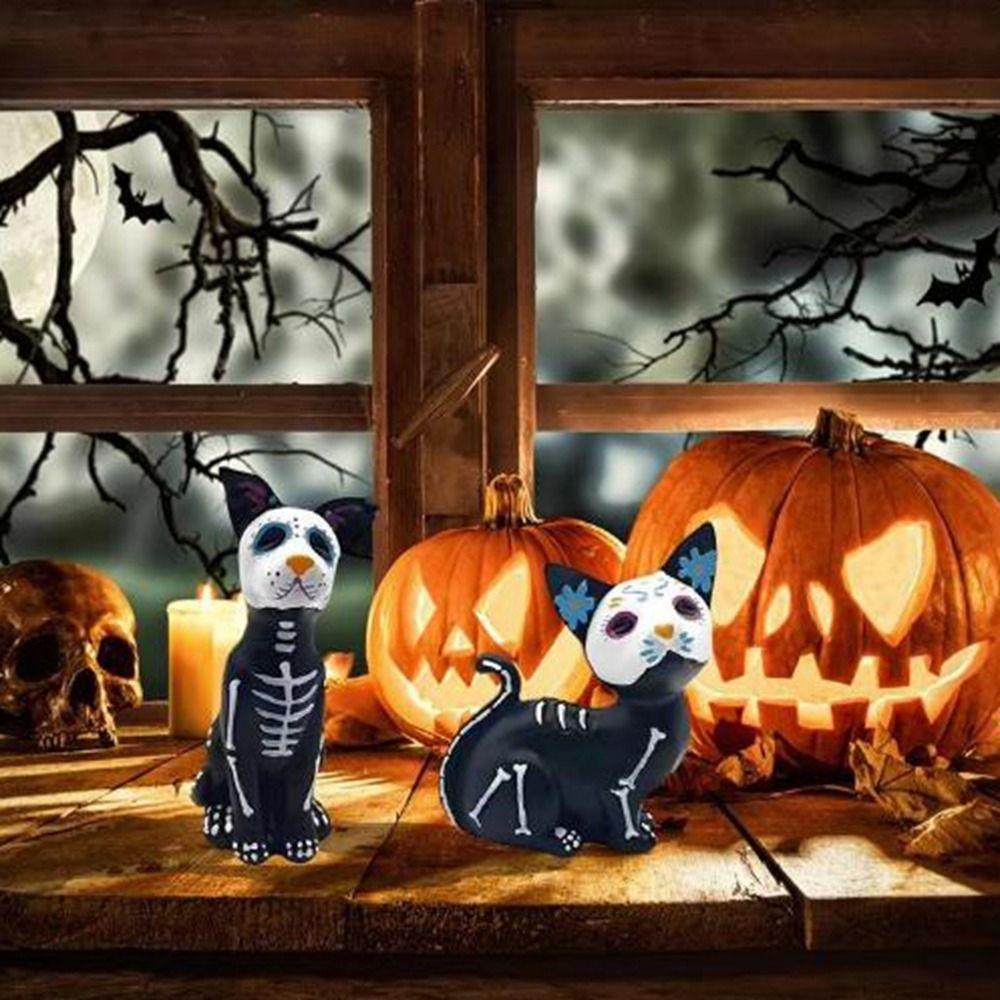 Colorful Black Cat Skeleton Figurine Resin Black Cat Statue Halloween Black Dog Figurine Cabinet