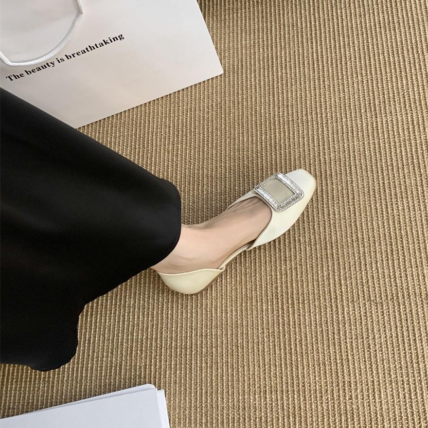 French retro satin silk square buckle high heels women's heel thick square head medium heel single shoes leather spring