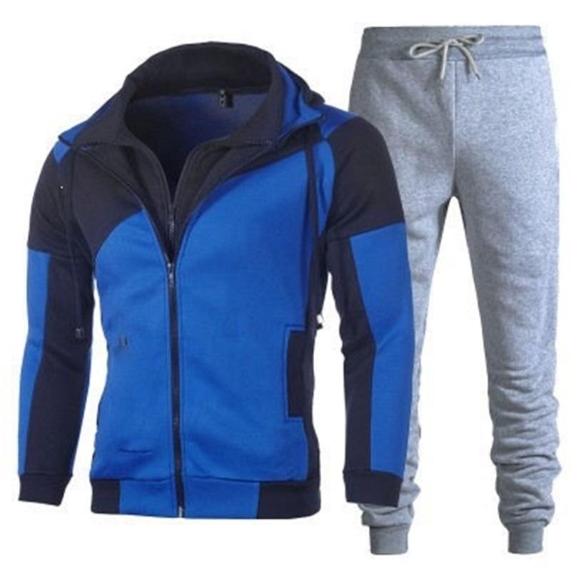 Men's Tracksuit 2Pcs Set Patchwork Color Hooded Jacket  Sweatpants Casual Sportswear Zipper Hoodie Jogger Pants For Men Daily Running Training