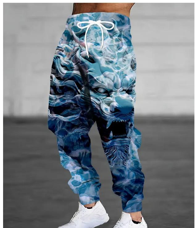 Pantaloni Jogger cu Imprimeu pentru Bărbați cu Design Dragon Chinezesc Alb și Gri, Pantaloni de Trening Casual Streetwear