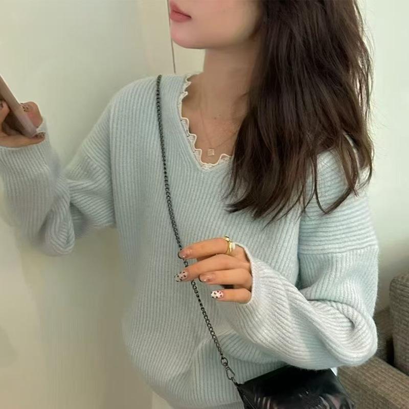 

Осенне-зимний дизайн, V-образный вырез, кружевной край, вязаный свитер, женский модный топ с длинным рукавом average size