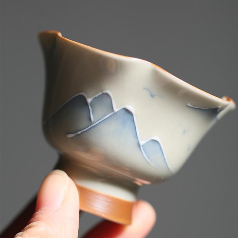 Chinese Ceramic Tea Cup with Coaster Hand-painted Landscape Tea Bowl Handmade Porcelain Teacup Travel Personal Teaware 40ml
