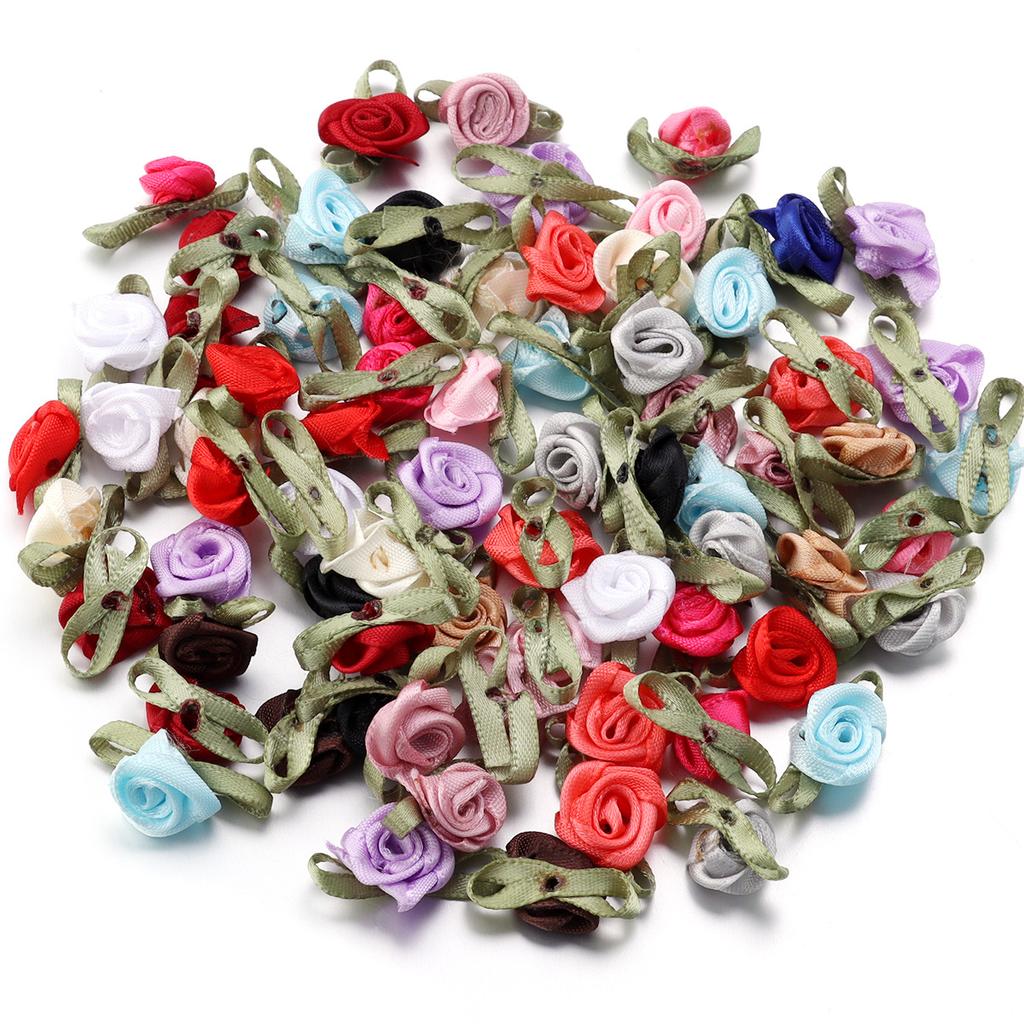 50 peças 1,5x2,5cm Mini Flor de Rosa Fita de Cetim de Poliéster Rosetas Apliques de Tecido Para Casamento Festa Roupa Costura Decoração
