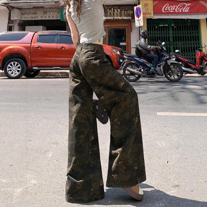 Damen Camouflage Cargo-Hose mit hoher Taille - Sommer 2025, Leicht, Schlankmachend, Lockerer gerader Schnitt Jeans