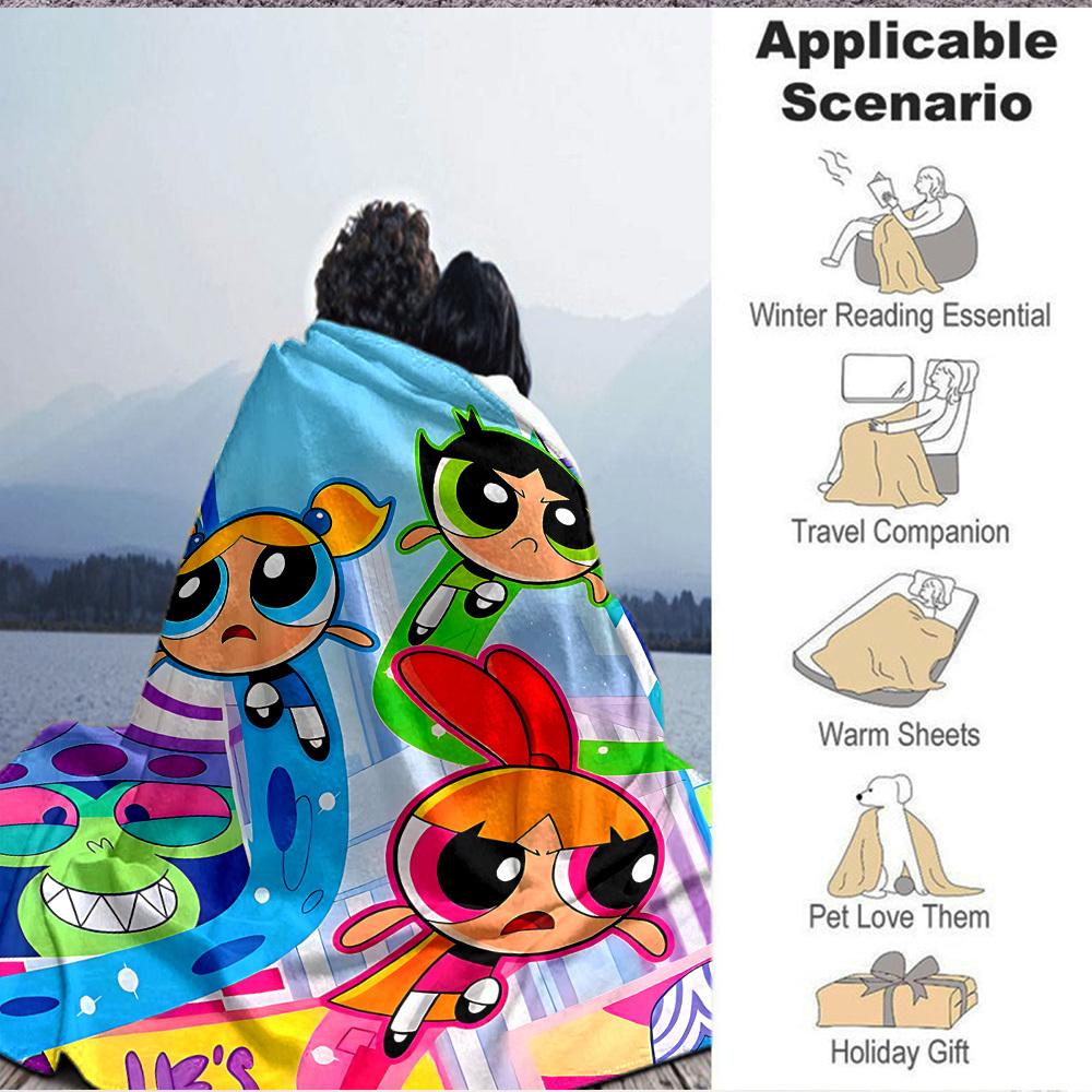 1pc Powerpuff Girls Flannel Throw Blanket - HD Printed Lightweight Soft Warm All-Season Blanket for Sofa, Bed, Travel, Camping - Machine Washable010