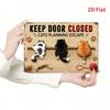 Cute Cat Lover Tin Sign—Keep Door Closed, 3 Chubby Cats & Yarn Ball, Home Gate Decor