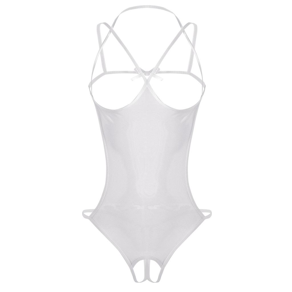 Womens Mesh Crotchless Bodysuit Halter Backless Hollow Out Leotard Lingerie