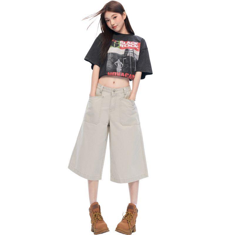 Khaki Apricot Vintage Reversible Design Casual Pants For Women Loose Straight Wide Leg Cropped Capri Pants Versatile Slimming FigureFlattering Style