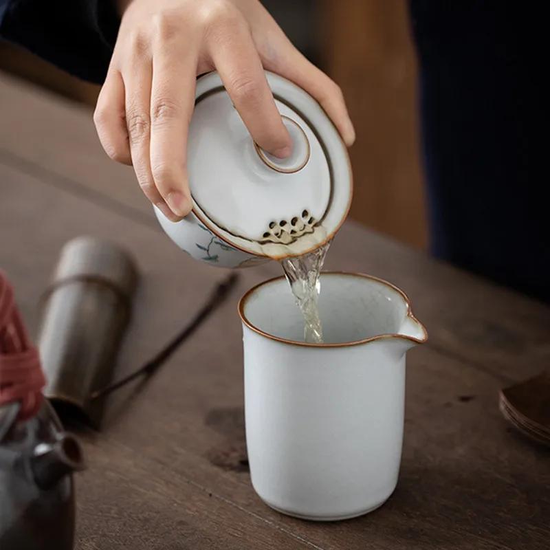 Chinese Ru Kiln Ceramic Gaiwan Cute Cat Pattern Filter Teacup Travel Portable Handmade Tea Bowl Home Tea Set Drinkware 150ml