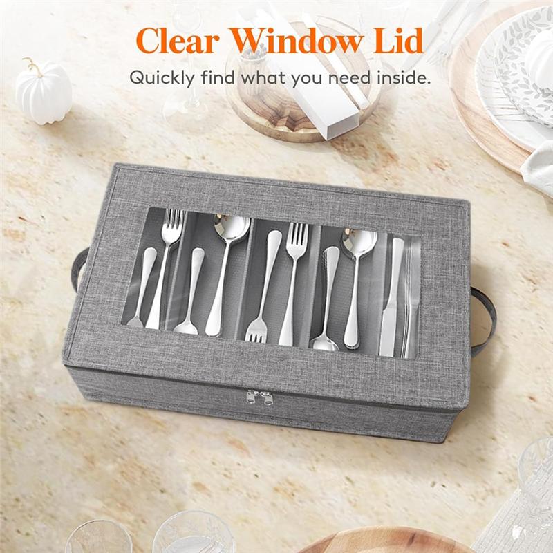 

ABJI-Flatware Storage Case 5 Compartment Cutlery Case With Adjustable Divider For Spoon Fork Knives Tableware