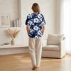 Women's Floral Print Short Sleeve Shirt Henley Button Neck Chest Pocket Casual Linen Cotton Blended Top for Summer