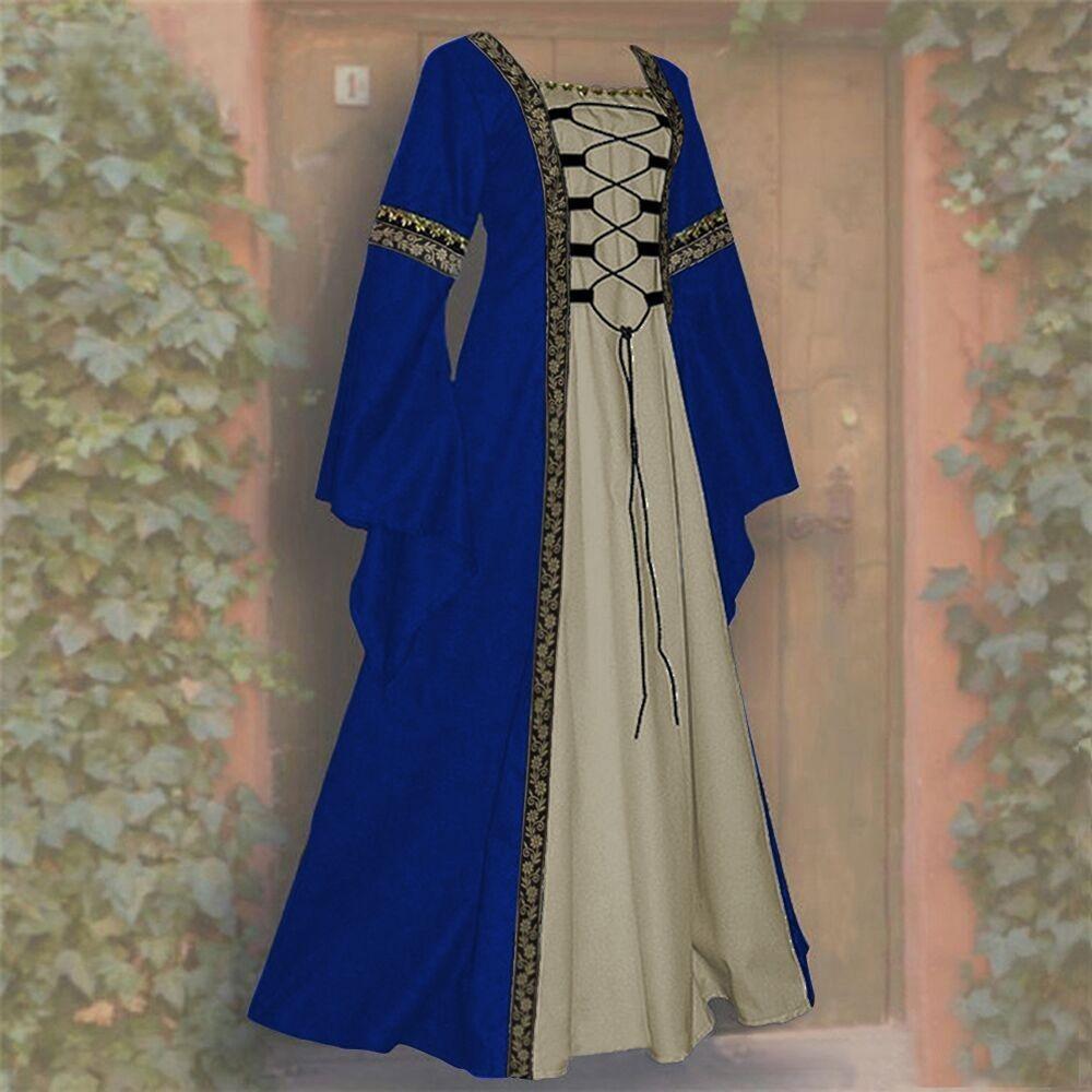 Abito Maxi da Donna a Maniche Lunghe con Scollo Quadrato, Vestibilità Aderente, Costume Storico Medievale Rinascimentale Vintage