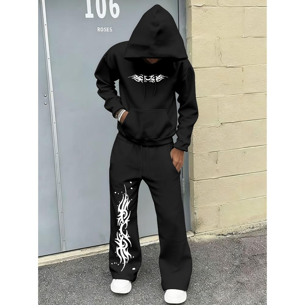 Fashion Men's Autumn Winter Sports Shirt 2 Piece Set with Classic Letter Pattern Print, Trendy Hoodie and Wide Leg Pants Set