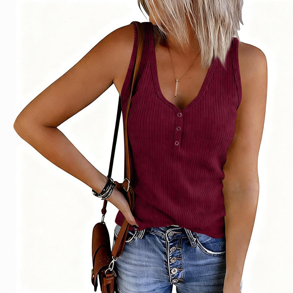 Women's Fashion Color V-neck Sleeveless Button Knitted Tank Top