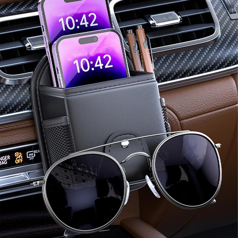 Car Air Vent Storage Bag Organizer Leather Glasses Holder Multifunctional Car Phone Holder Air Vent Pouch Organizer For