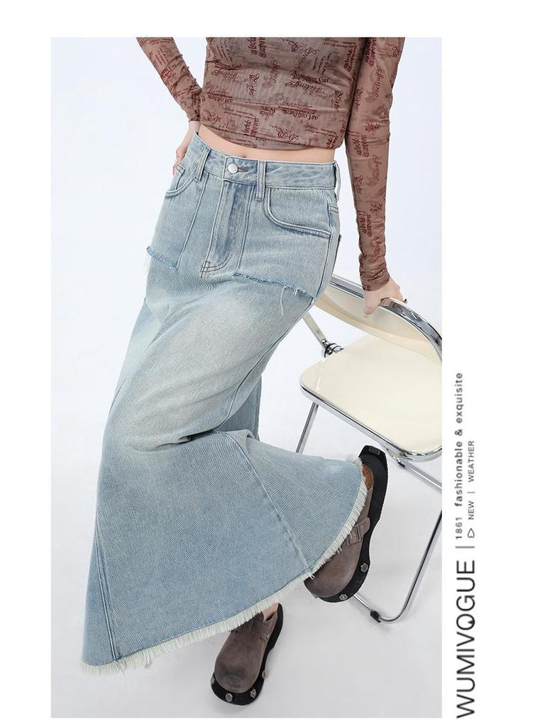 Women's High-Waisted Denim Fishtail Midi Skirt - Vintage Style, Raw Hem, Spring 2025