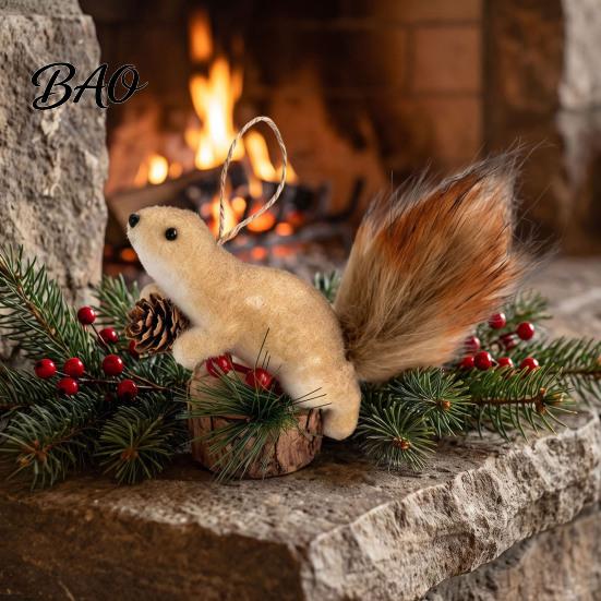 Realistic Squirrel for Home Decor Christmas Ornaments Tree, Cute Felt Plush Woodland with Pine Fluffy Figurine Cone, Hanging Forest Animal Decoration
