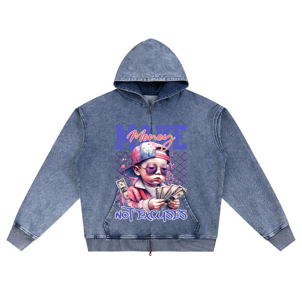 DTG print Knitted Denim Zip-Up Hoodie Make Money Not Execuse Brother Print Zipper Hoodies  