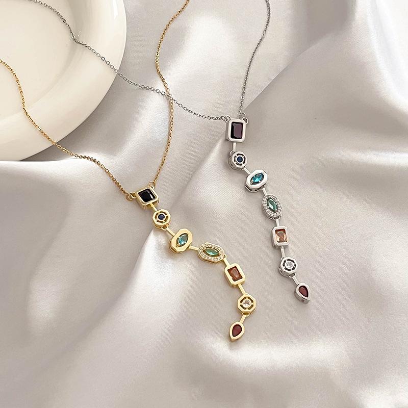 Retro Style Colorful Zircon Tassel Irregular Splicing Long Necklace Light Luxury Pendant Collarbone Chain For Women Jewelry