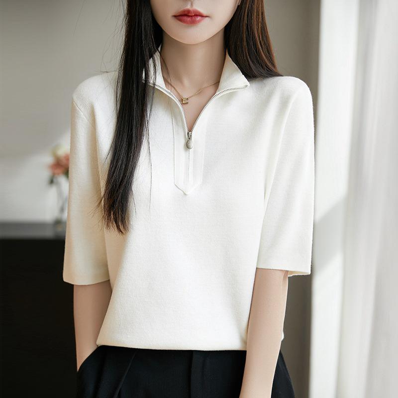 Spring/Summer 2025 Silk Wool Half Turtleneck Zip Sweater - Solid Color, Half Sleeve Top