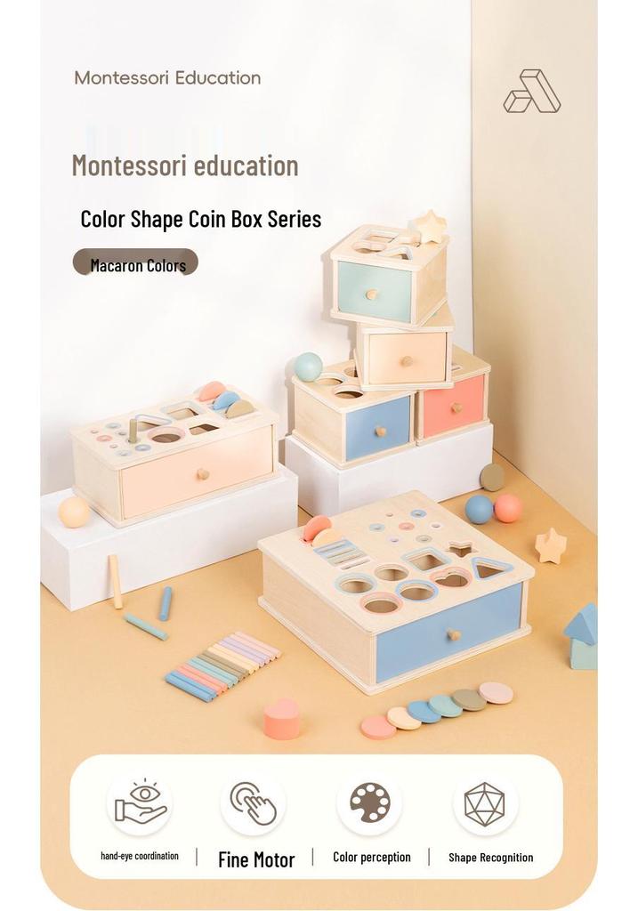 Montessori 4-in-1 Wooden Coin Box: Early Education Toy for Toddler Shape Matching, Sensory Training, and Intellectual Development.