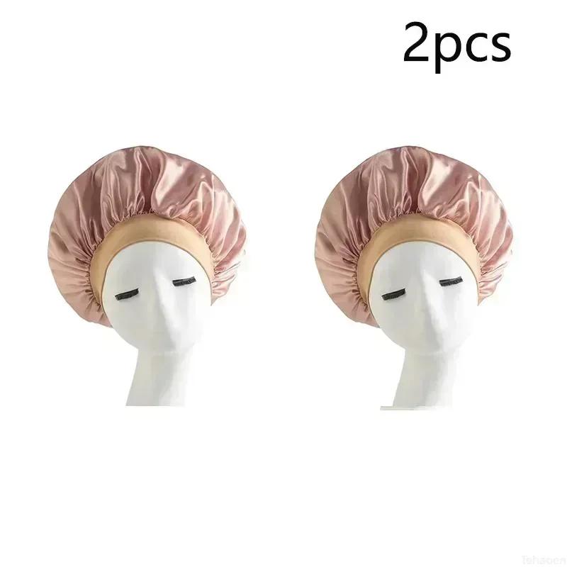Women Night Sleep Hair Caps Silky Bonnet Satin Double Layer Adjust Head Cover Hat Shower Cap for Curly Hair Styling Accessories