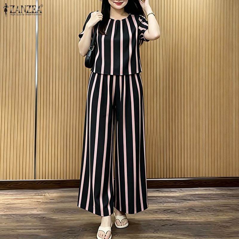 ZANZEA Women Short Sleeve Blouse and Pants Casual Stripe Print Two Piece Suit Sets