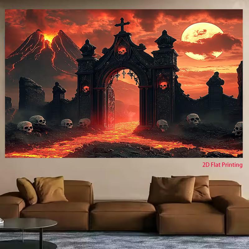 2D Spooky Halloween Backdrop, Hell's Gate with Skulls and Red Moon Banner