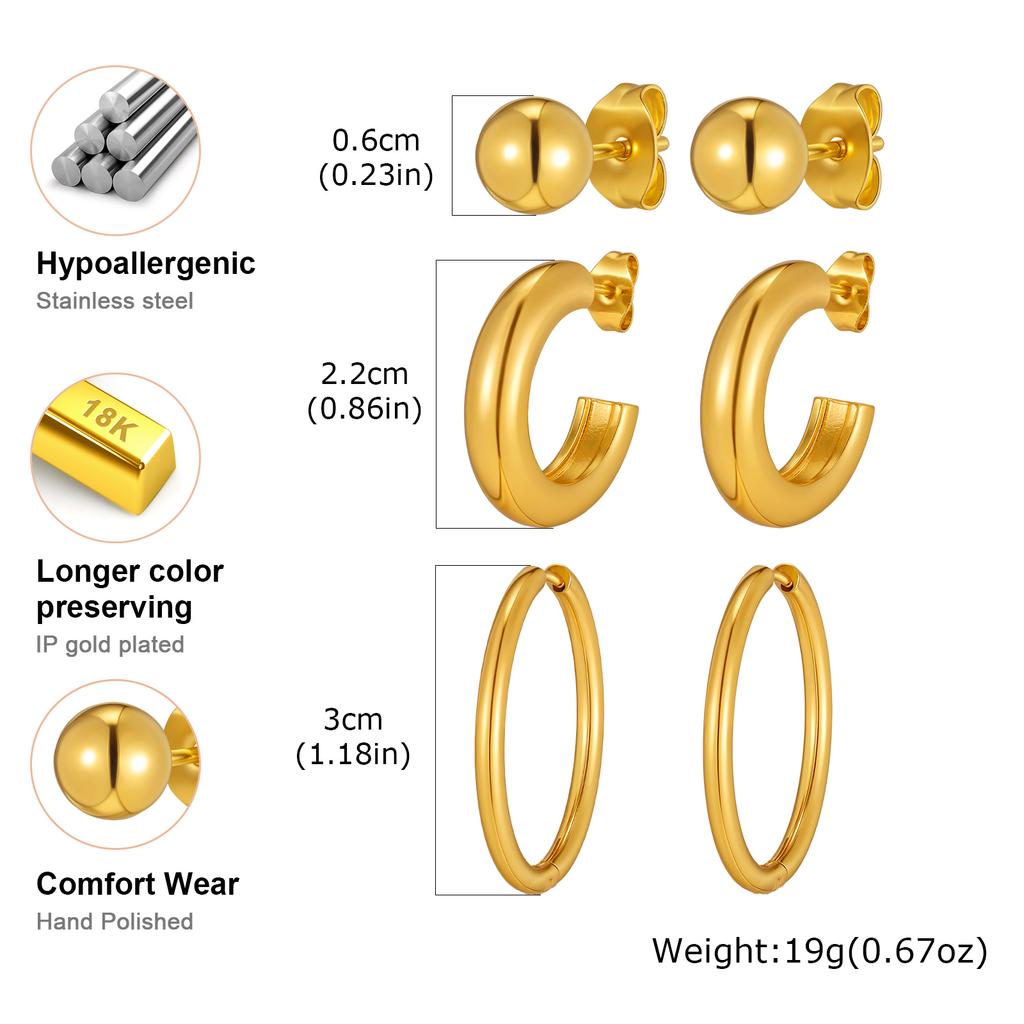 18K Gold Plated Stainless Steel Hoop Earrings, Hypoallergenic Ball Studs For Multiple Piercing Stack Women 3pcs in One Set