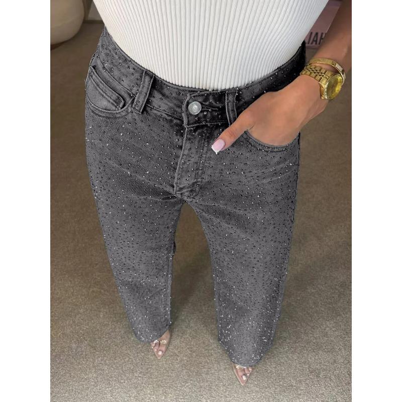 Shiny Rhinestone Jeans Pants Sexy Women High Waist Elegant Night Club Diamonds Denim Straight Trousers