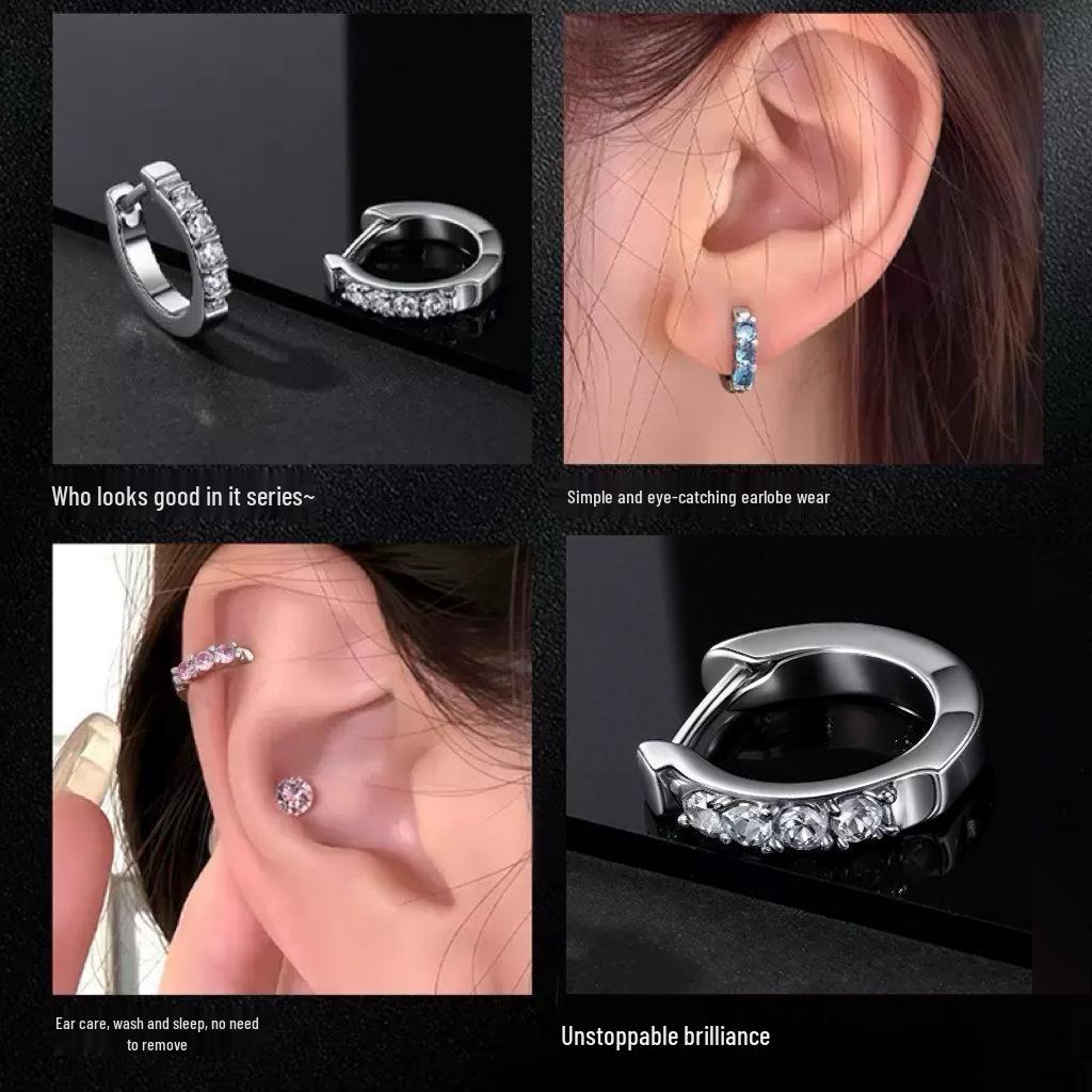 European F136 Titanium D-Shape Zircon Inlaid Earrings for Ear Piercing