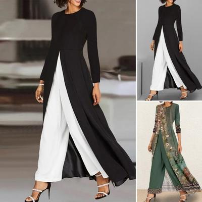 2 Pcs/Set Women Long Top Pants Set Retro Flower Print Split Hem Wide Leg Round Neck Deep Crotch Party Prom Commute Top Trousers Set