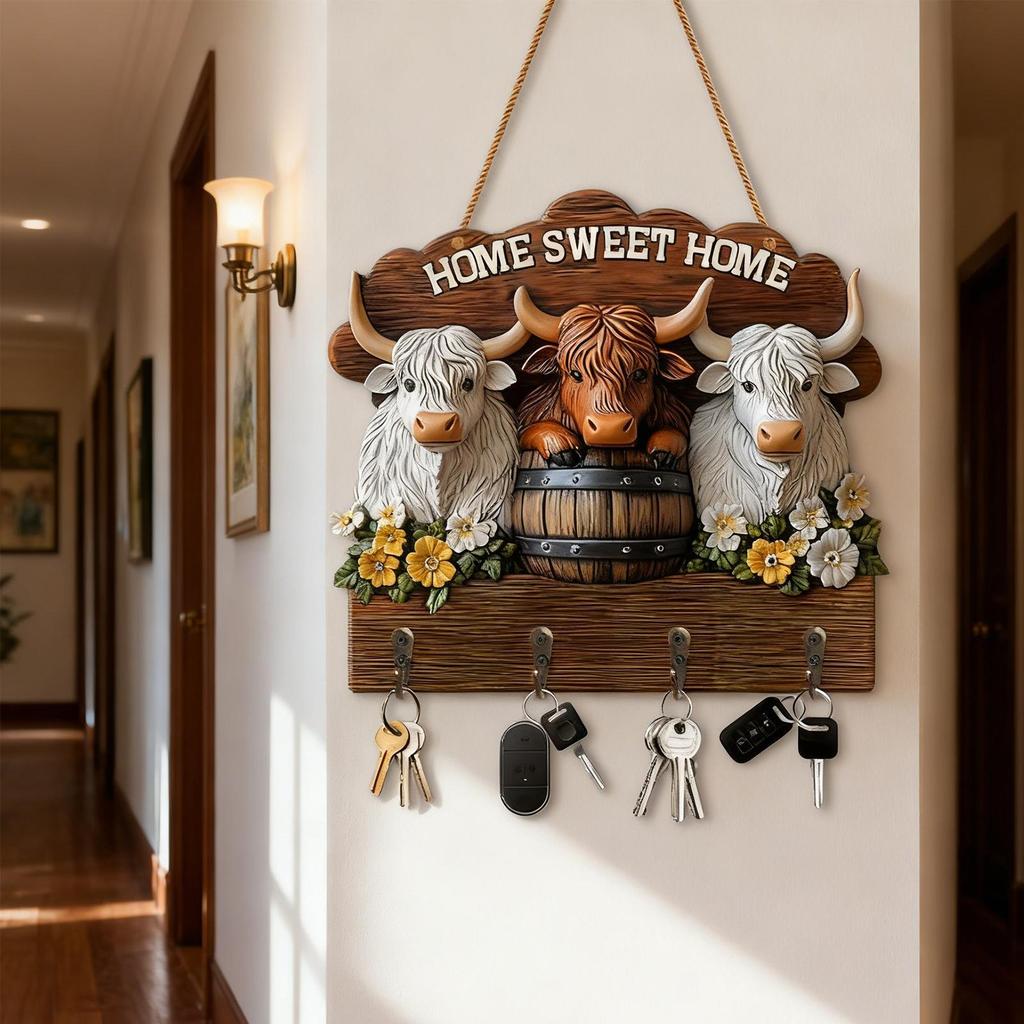 Key Holder For Wall 2D Flat Cow Key Rack With 4 Hooks Wood Bathroom Coat Hook For Hallway Bathroom Kitchen Closet Living Room