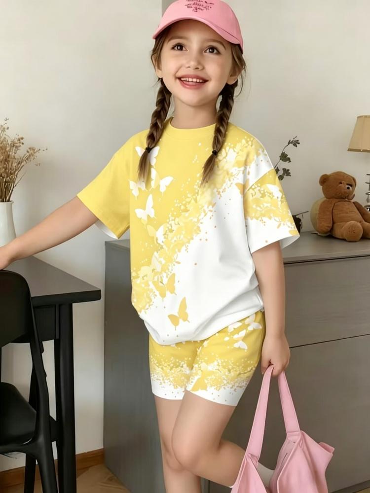 Whimsical 3D Butterfly Print 2 Piece Kids Summer Casual Set Lightweight Short Sleeve Shorts For Unisex Boys Girls