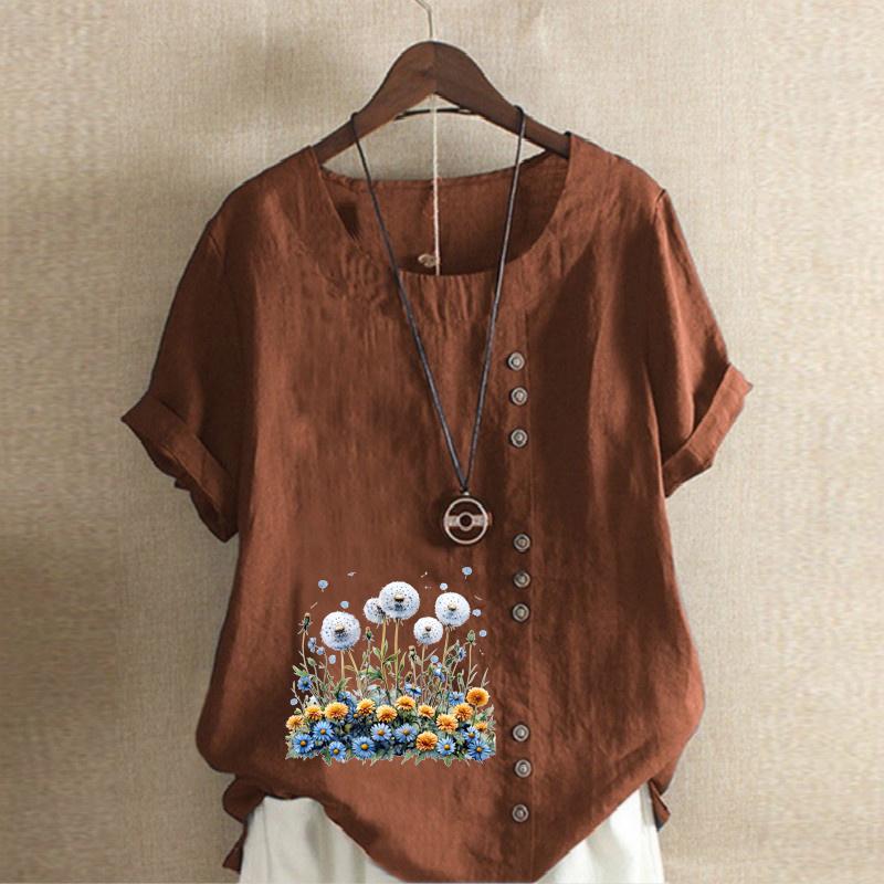 Women's Fashion Flower Cluster Prined Short Sleeve T-shirt Loose Cotton Shirt Casual Loose Summer Blouse Tops Plus Size