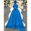 Sanya Seaside Holiday Wear Sexy Open Back Scheming Hollow-out Halter Dress Women's Pleated Long Pleated Skirt