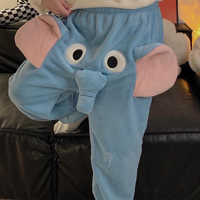 Pantalon de Nuit Unisexe Mignon Éléphant en Flanelle - Ample, Drôle, Style Automne/Hiver