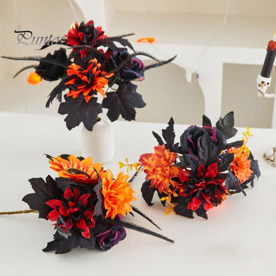 Fall Floral Arrangement Halloween Artificial Flower, Faux Sunflower Rose Bouquet with Black Harvest Party Decoration Maple Leaves, Autumn Fake