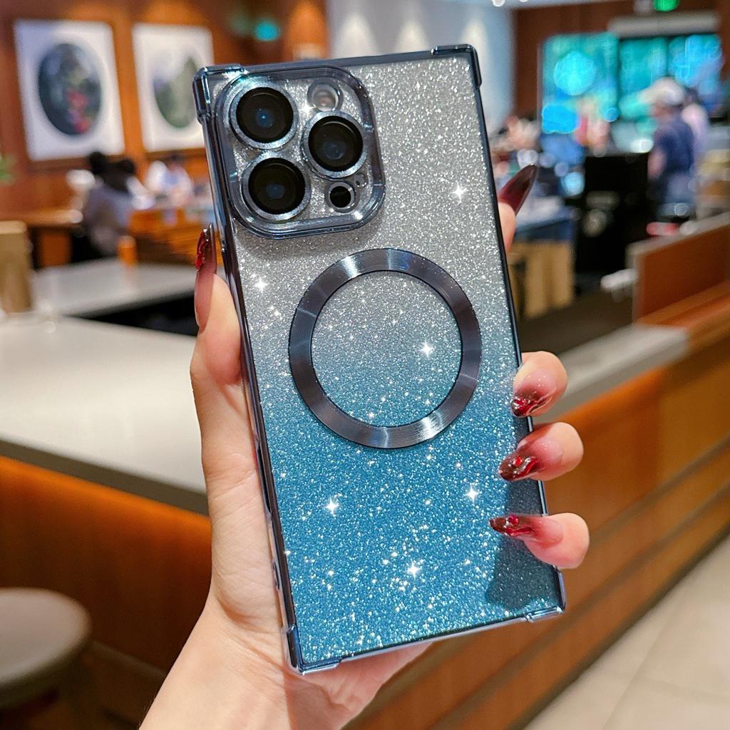 Electroplating right angle anti-drop magnetic glitter mobile phone case is suitable for Apple 16PRO advanced sense 14/13 protective cover fine hole