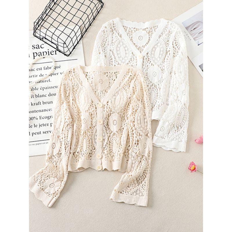 Fashion V-neck Single Breasted Crocheted Flower Cut Out Knitting Cardigan Outer Long-Sleeves Air Conditioning Shirt Sun Protection Clothing for Women