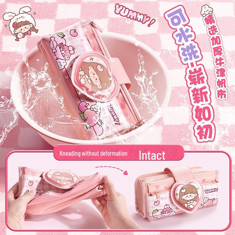 Kaba Bear Cartoon Multi-Layer Flip Cover Pencil Case for Girls - Large Capacity, Cute Design for Primary Students.