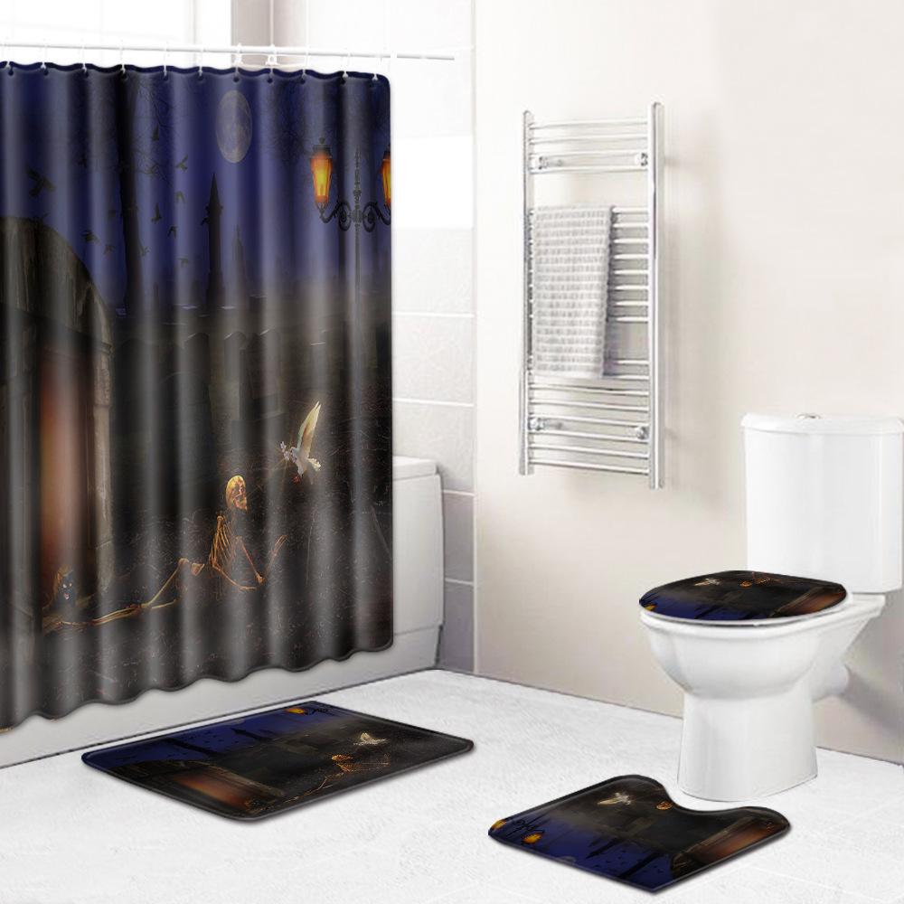 Skull Shower Curtain Floor Mat Combination Four-Piece Set Bathroom Toilet Carpet Shower Room Mat Foot Mat
