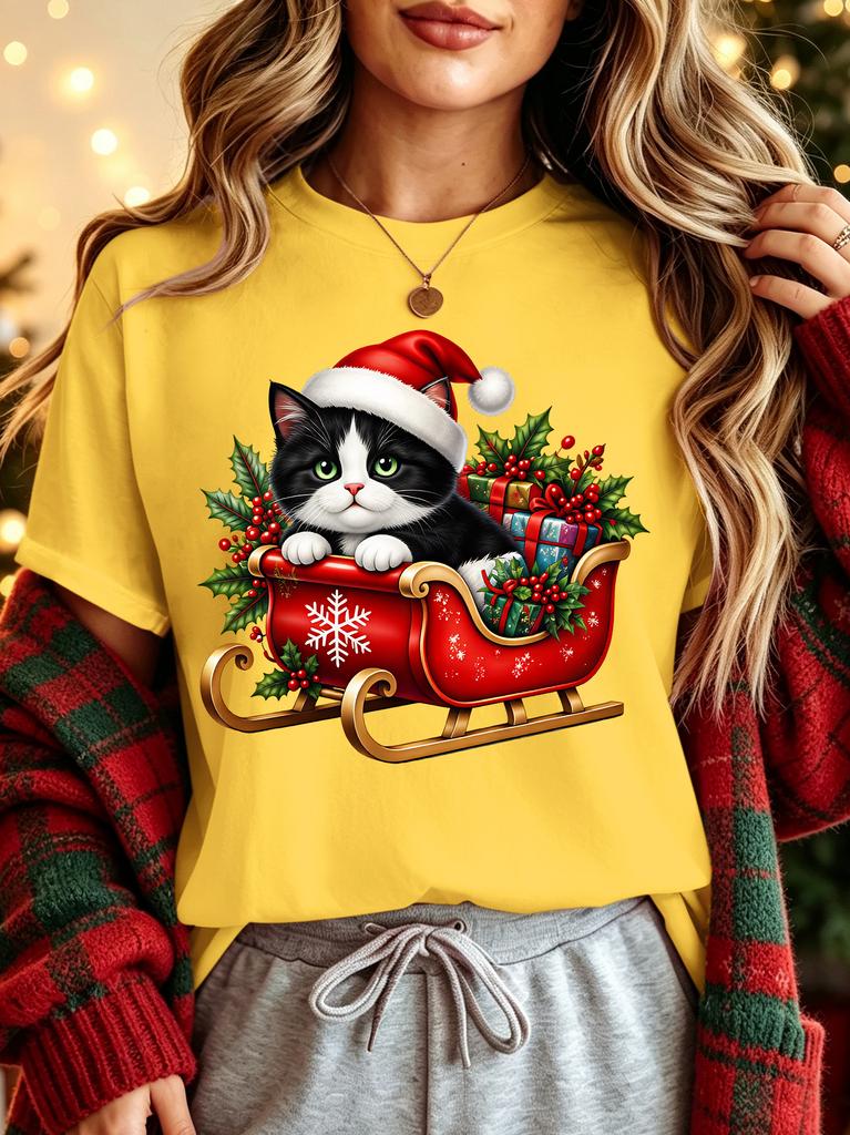 Cute Santa Hat Tuxedo Cat Sleigh Gift Womens Crew Neck Short Sleeve T Shirt Xmas Holly Snowflake Casual Graphic Tees For Ladies
