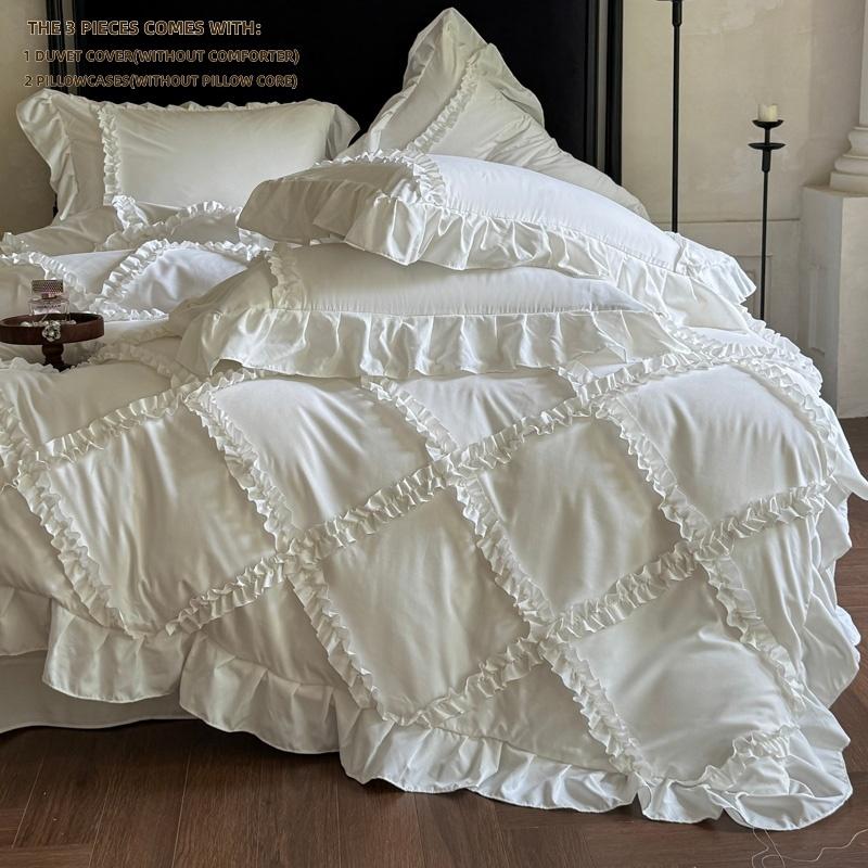 3pcs White pink ruffles Duvet Cover