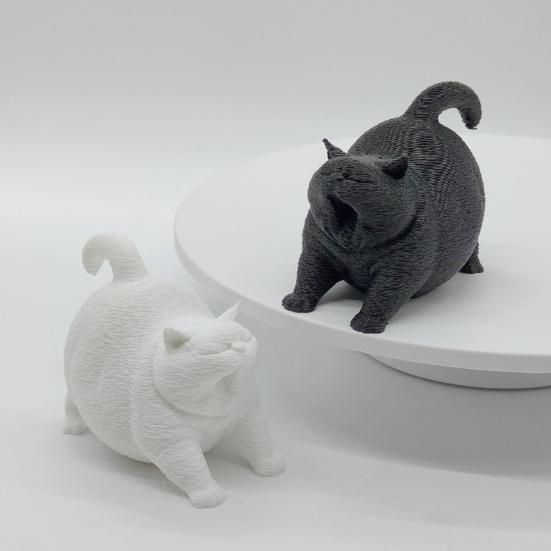 DYS 3D Printed Cute Yawning Chubby Cat Figurine, Black White, Wide Stable Anti-Tipping Base, Desktop Decor for Pet Shop Bedroom & Lover Birthday
