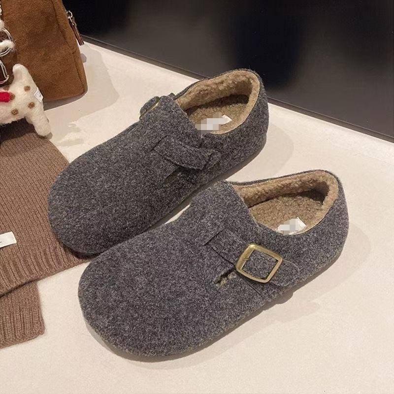 Retro woolen women's new autumn and winter velvet flat-bottomed one-pedal thermal cotton shoes
